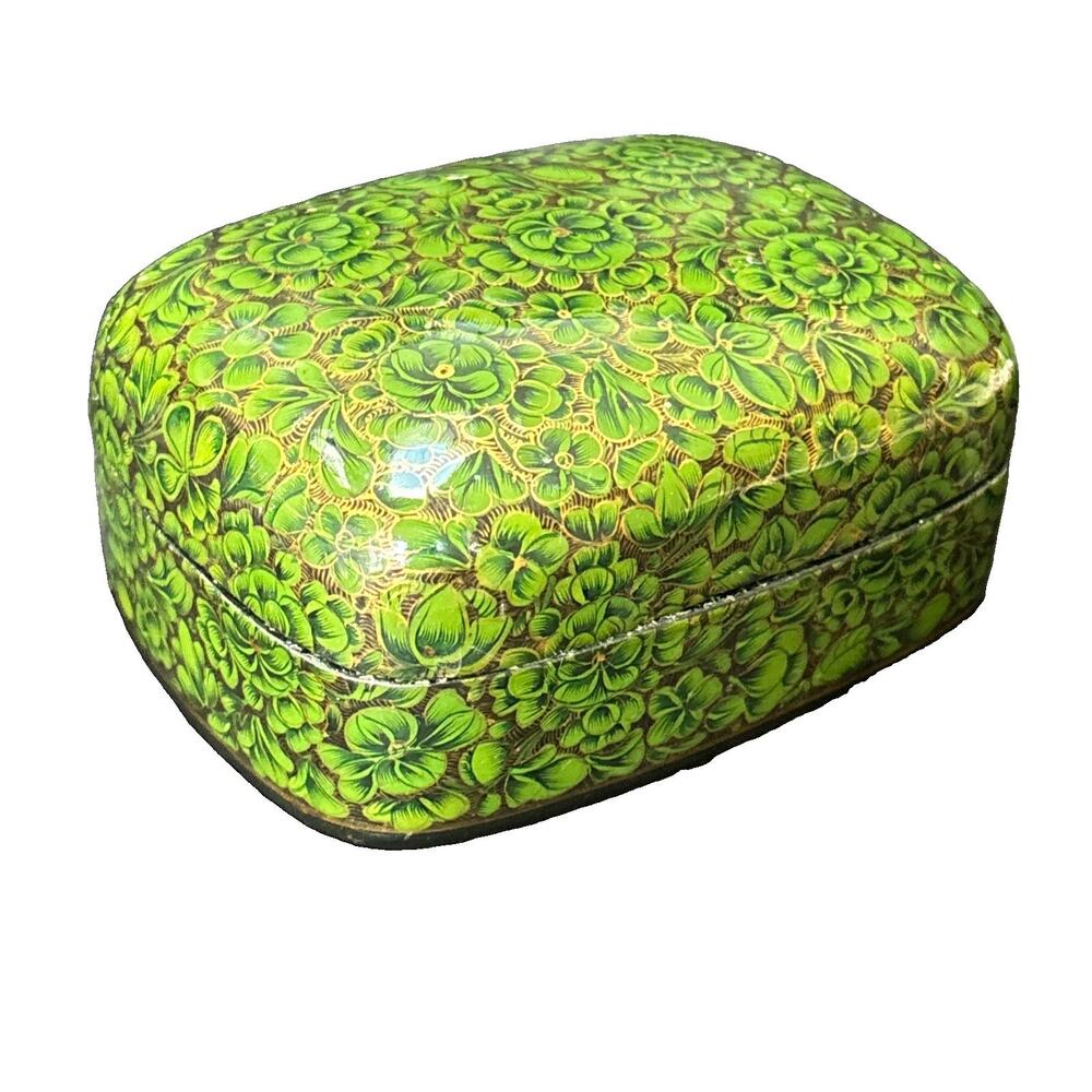 Vintage Paper Mache Trinket Box Handmade Kashmir Box Floral Art Decor Lacquer